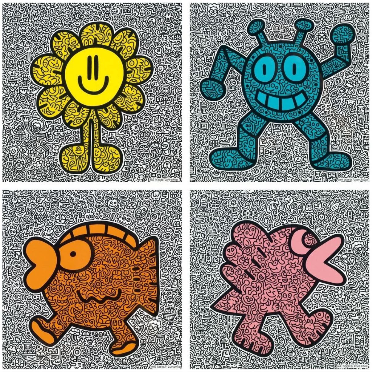Mr. Doodle - Yellow Flower, Blue Robot, Orange Fish, Pink Bird