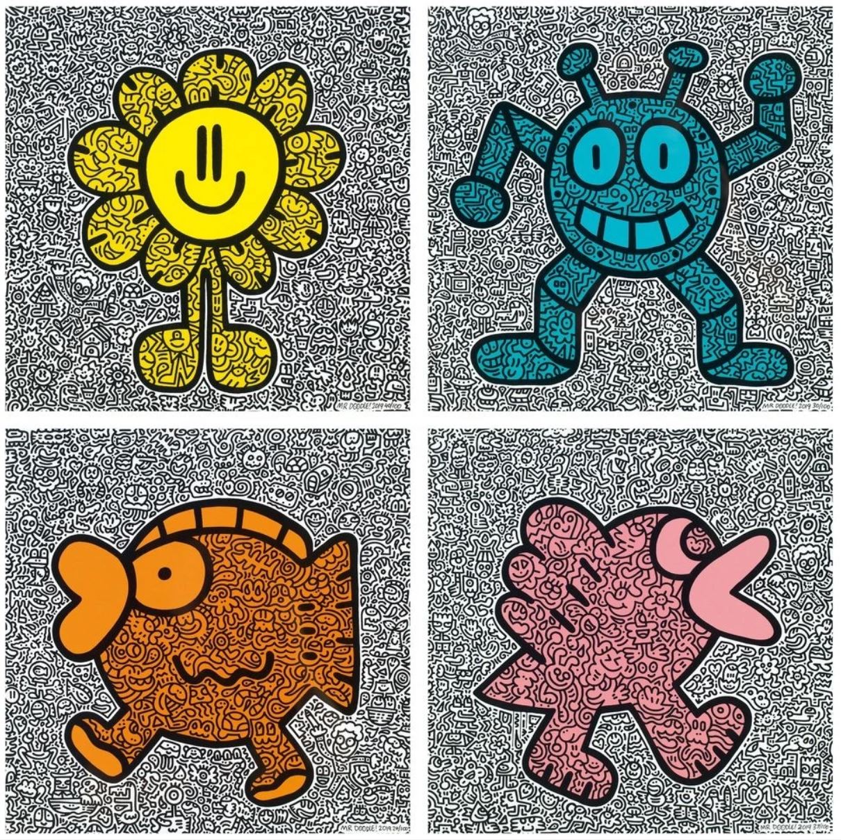 Mr Doodle - Yellow Flower, Blue Robot, Orange Fish, Pink Bird 2019 (set of 4) - [3whitedots]