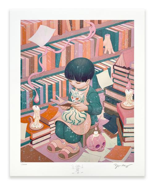 James Jean - Bibliophile - Limited Edition Print with Sculptural Glass-Like Details - Image size: 16-13/16″ wide × 21-1/16″ tall; Paper size: 20″ wide × 24-5/8″ tall